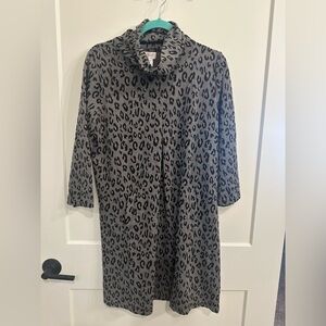 Leopard Print Cowl Sweater Dress - Gray & Black